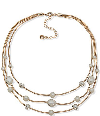 Anne Klein Gold Tone Blanc Pearl Crystal 16 Multirow Necklace