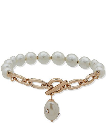 Anne Klein Gold Tone Blanc Pearl Crystal Stretch Bracelet