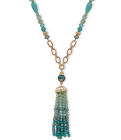 Anne Klein Gold Tone Blue Multi Beaded Tassel Necklace