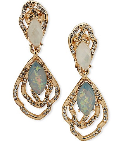 Anne Klein Gold Tone Blue Multi Crystal Double Drop Pearl EZ Comfort Clip Earrings