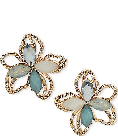 Anne Klein Gold Tone Blue Multi Crystal Mother of Pearl Flower Large Stud Earrings