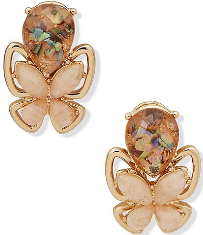 Anne Klein Crystal Gold Tone Blush Abalone Butterfly Stone Clip On Stud Earrings