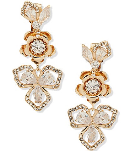 Anne Klein Gold Tone Crystal Flower Clip-On Double Drop Earrings