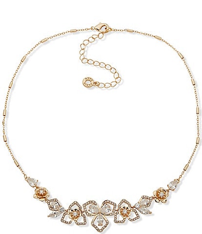 Anne Klein Gold Tone Crystal Flower Embellished Frontal Collar Necklace