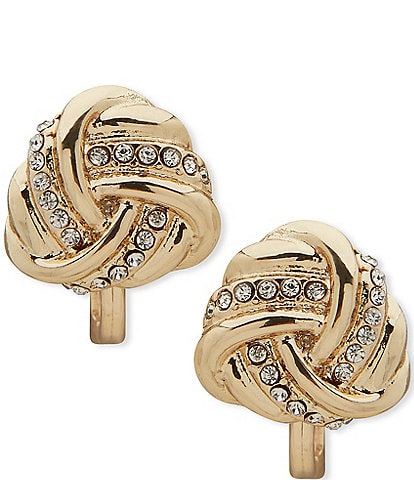 Anne Klein Gold Tone Crystal Twisted Knot Button Comfort Clip Stud Earrings