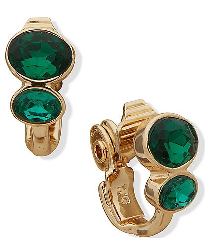 Anne Klein Gold Tone Emerald Green Crystal Oval Clip-On Stud Earrings