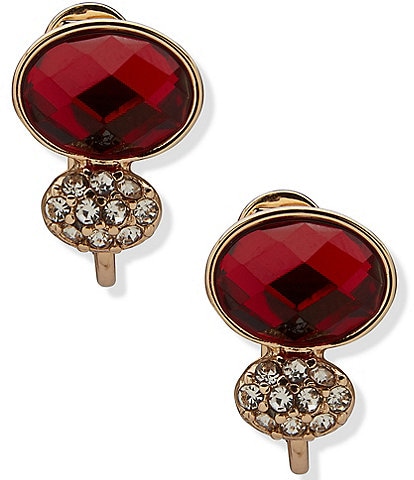 Anne Klein Gold Tone Oval Stone & Crystal Cluster Button Drop Clip Earrings