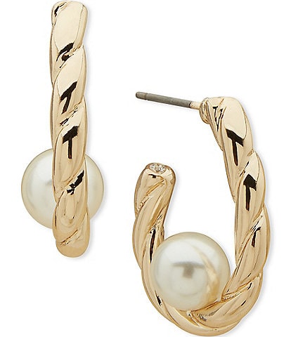 Anne Klein Gold Tone Pearl 25mm Twisted C Hoop Earrings