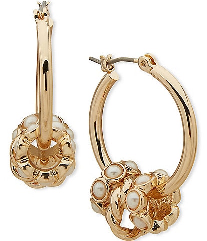 Anne Klein Gold Tone Pearl 28mm Roundel Charms Clicktop Hoop Earrings