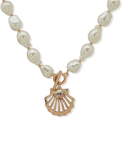 Anne Klein Gold Tone Pearl Baroque Pearl Shell Short Pendant Necklace