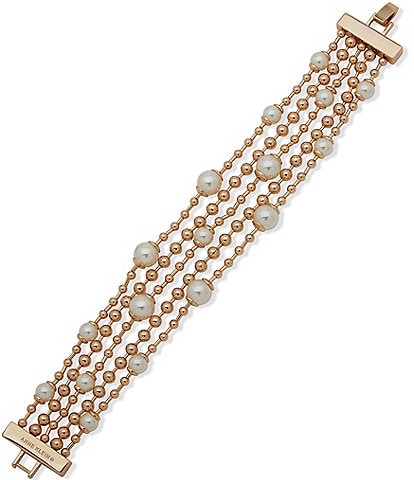 Anne Klein Gold Tone Pearl Beaded Fold Over Flex Line Bracelet
