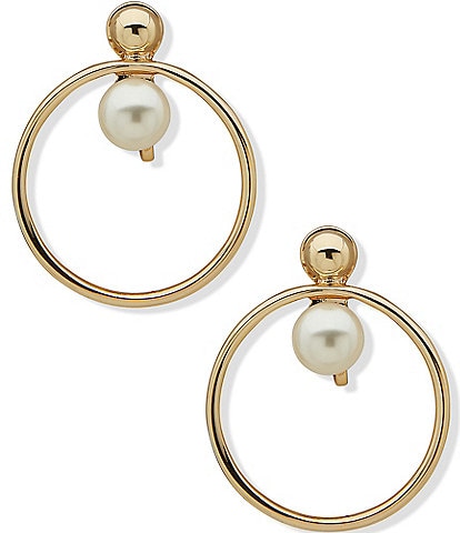 Anne Klein Gold Tone Pearl Clip Hoop Drop Earrings