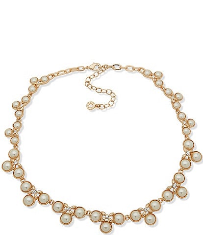 Anne Klein Gold Tone Pearl Crystal Fancy Collar Necklace