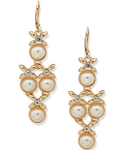 Anne Klein Gold Tone Pearl Crystal Flower Chandelier Earrings