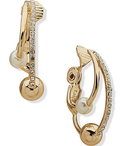 Anne Klein Gold Tone Pearl Crystal Multi Row Clip Hoop Earrings