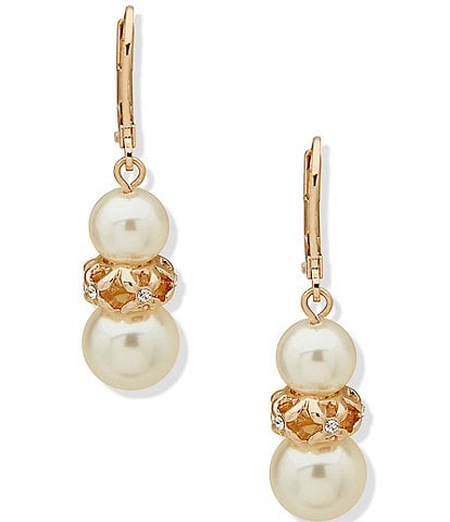 Anne Klein Gold Tone Pearl Crystal Snowman Drop Earrings