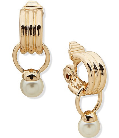 Anne Klein Gold Tone Pearl Ribbed Hoop Drop Comfort Clip Earrings