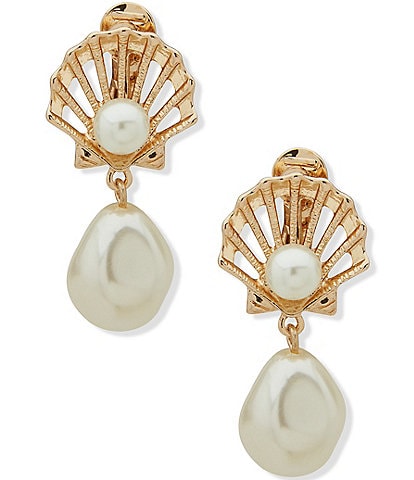 Anne Klein Gold Tone Pearl Shell Motif Baroque Pearl Clip Drop Earrings
