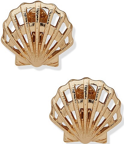 Anne Klein Gold Tone Sell Motif Button Clip Stud Earrings