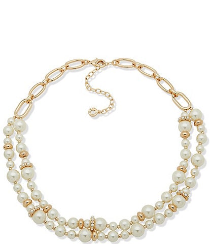 Anne Klein Gold Tone White Pearl 2 Row Rondell Frontal Collar Necklace