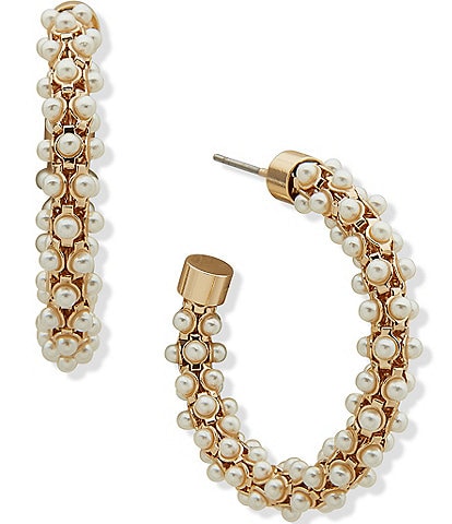 Anne Klein Gold Tone White Pearl Cluster C Hoop Earrings