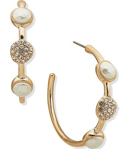 Anne Klein Gold Tone White Pearl Crystal C Hoop Earrings
