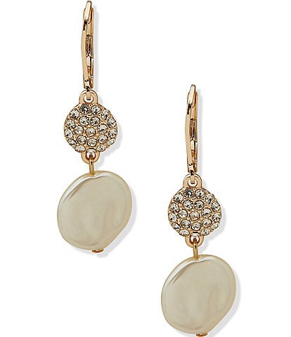 Anne Klein Gold Tone White Pearl Crystal Double Drop Earrings