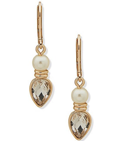 Anne Klein Gold Tone White Pearl Crystal Drop Earrings