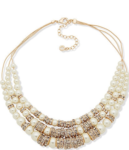 Anne Klein Gold Tone White Pearl Crystal Multi Row Collar Necklace