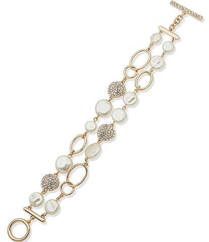 Anne Klein Gold Tone White Pearl Crystal Multi Row Flex Line Bracelet