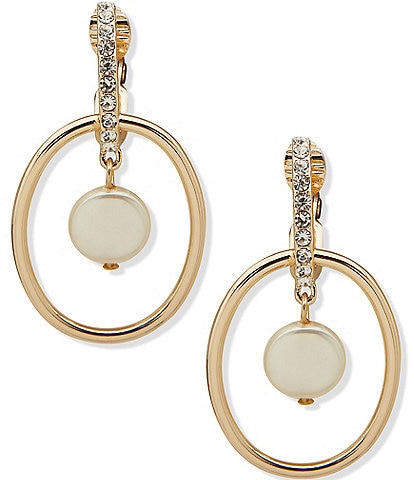 Anne Klein Gold Tone White Pearl Crystal Orbital Drop Clip Earrings