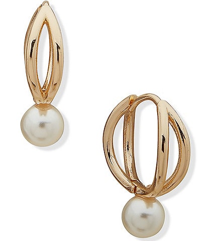 Anne Klein Gold Tone White Pearl Hoop Drop Earrings