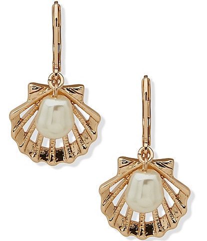Anne Klein Gold Tone White Pearl Motif Shell Drop Earrings