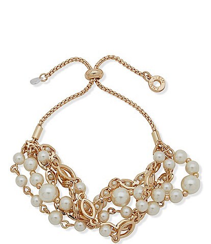 Anne Klein Gold Tone White Pearl Multi Row Adjustable Bracelet