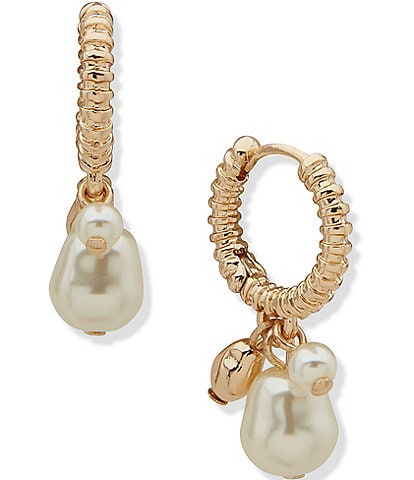 Anne Klein Gold Tone White Pearl Ribbed Huggie Hoop Drop Earrings