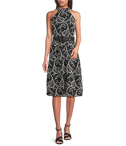 Anne Klein Halter Neck Embroidered A-Line Midi Dress