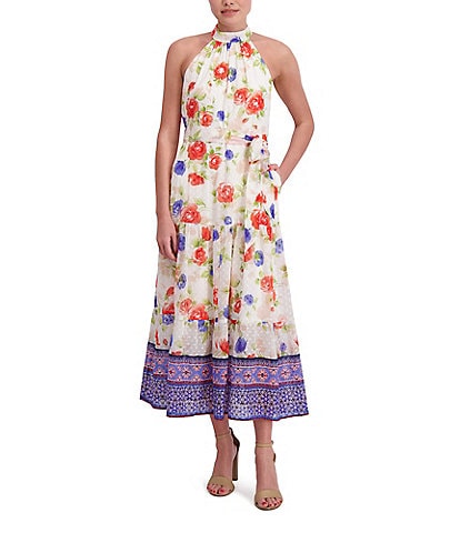 Anne Klein Halter Neck Sleeveless Floral Print Maxi Dress