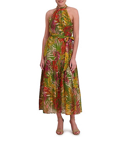 Anne Klein Halter Neck Sleeveless Tropical Print Chiffon Tiered Maxi Dress
