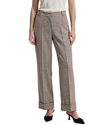 Anne Klein Houndstooth Print Wide Leg Cuff Ankle Flat Front Pants
