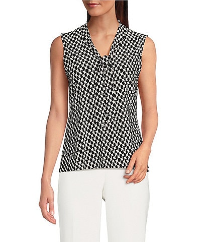 Anne Klein ITY Knit Printed V-Neck Sleeveless Tie Front Blouse