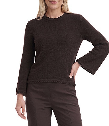 Anne Klein Jewel Neck Braided Trim Wool Blend Sweater