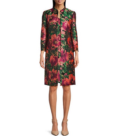 Anne Klein Kissing Jacquard Woven Floral Pocketed Button-Front Coordinating Long Coat