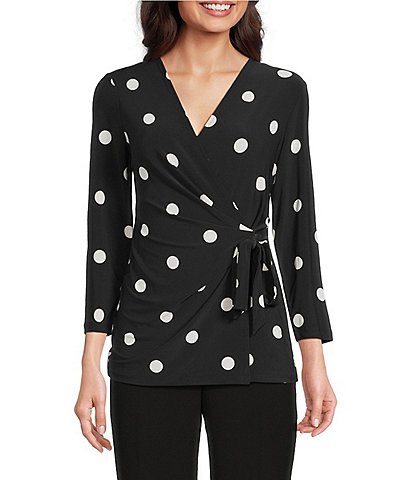 Anne Klein Knit Jersey Polka Dot Print V-Neck 3/4 Sleeve Faux-Wrap Top