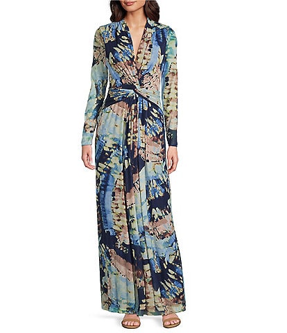 Anne Klein Long Sleeve V-Neck Twist Front Printed Mesh A-Line Dress