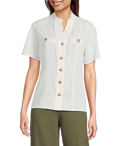 Anne Klein Mandarin Collar Flutter Short Sleeve Button Front Top