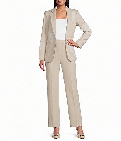 Anne Klein One Button Notch Collar Linen Blend Applique Jacket