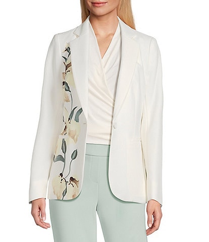 Anne Klein One Button Notch Collar Printed Jacket & Pull On Stretch Front Pockets Straight Leg Trouser Pants