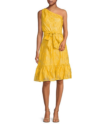 Anne Klein One Shoulder Floral Jacquard Organza Ruffle Hem Sheath Midi Dress