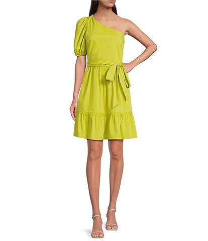 Anne Klein One Shoulder Short Puffed Sleeve Fit-And-Flare Dress