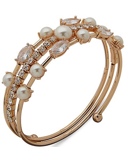 Anne Klein Pearl Crystal 3 Row Coil Bracelet